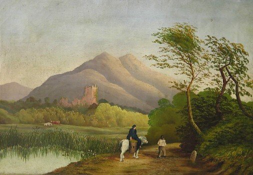 MILLARD, CHARLES STUART| (1837-1917 Britain) Land: MILLARD, CHARLES STUART| (1837-1917 Britain) Landscape with horse and figures, framed oil on canvas, signed lower right C.S. Millard and dated 1867, approximately 14'' x 21''. CONDITION: Good/fair, mi
