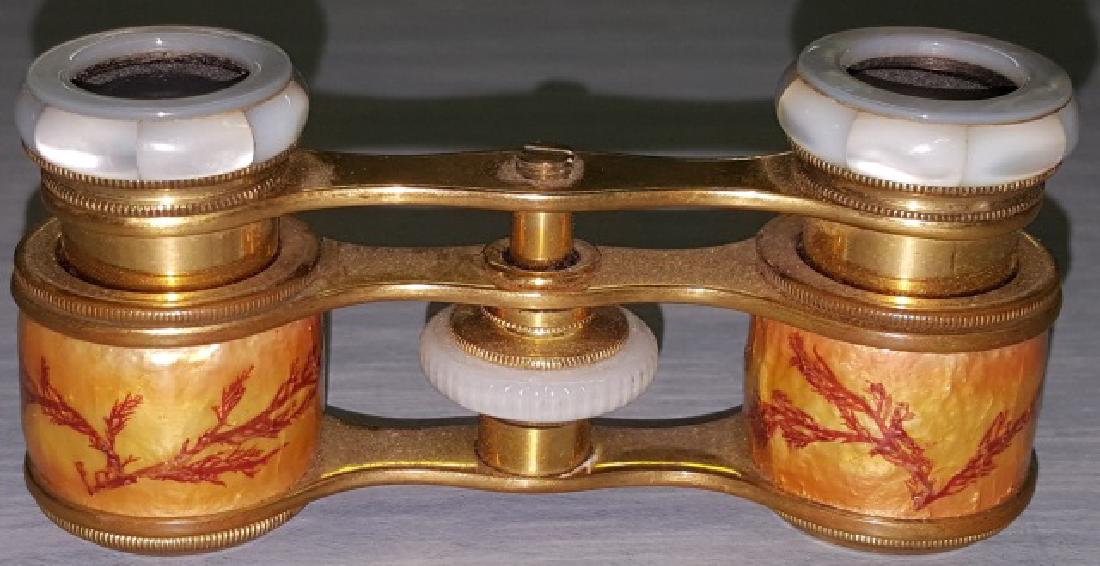 *PAIR OF ENAMEL OPERA GLASSES: Marked "Colmont", gold enamel body with leaf design, mother-of-pearl eye cups.