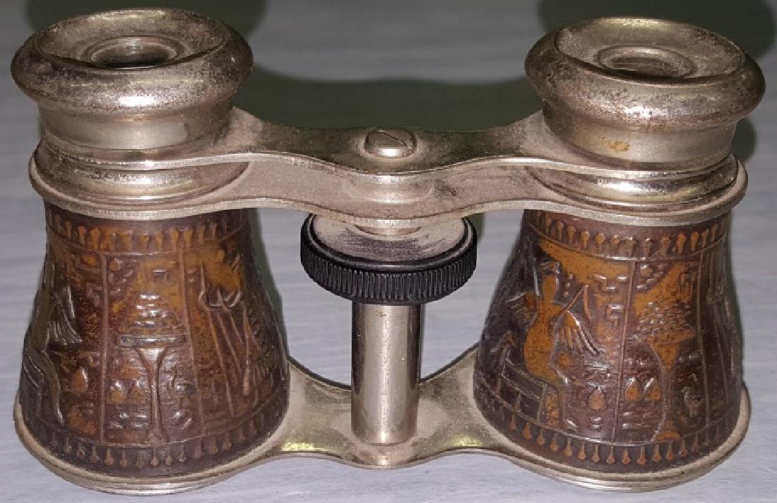 *PAIR OF OPERA GLASSES: Brass and aluminum, having brass body with Egyptian decoration, marked on middle bridge "Made in Occupied Japan".