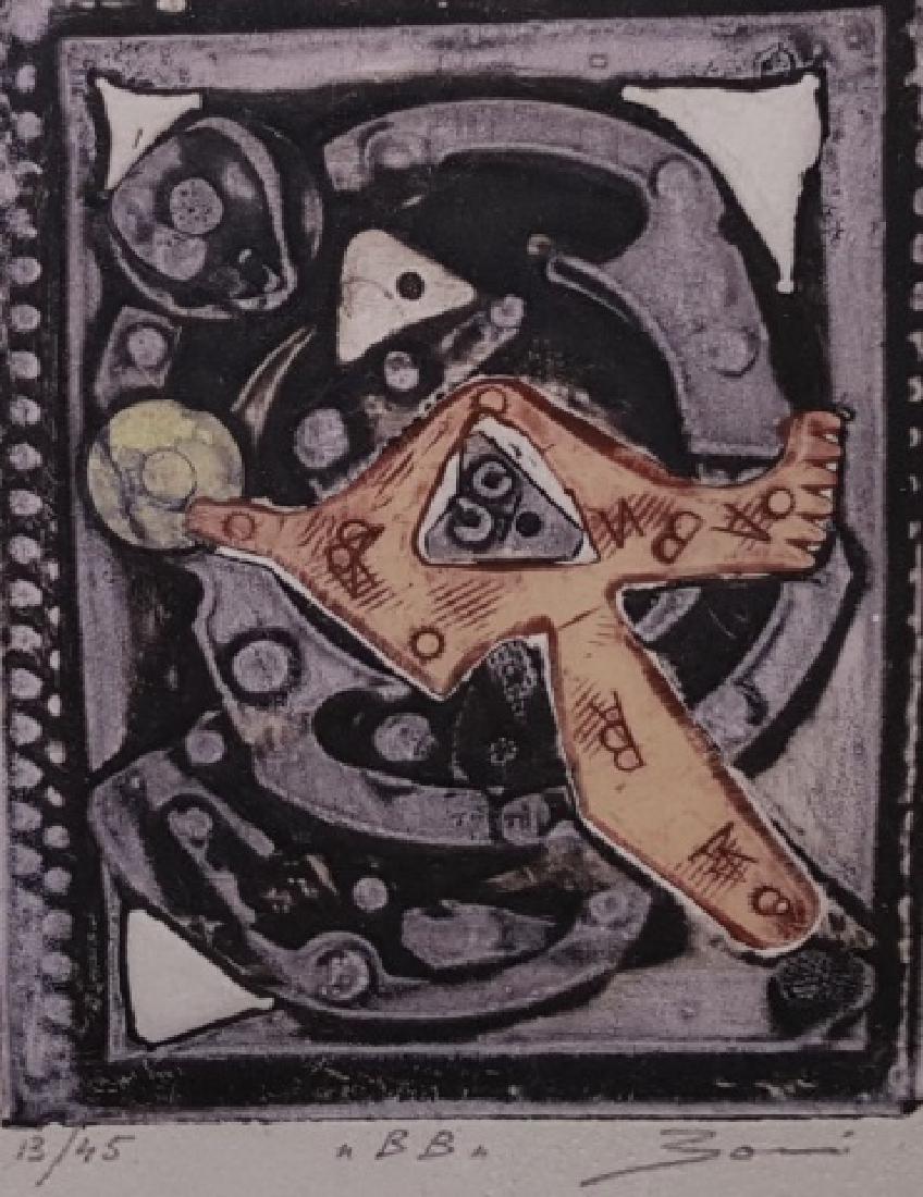 *BONI, PAOLA: (Born 1926 Italian) Abstract, framed intaglio etching with aquatint, signed lower right, numbered from edition of 45 lower left, approximate plate size 4 3/8" x 3 1/2", total paper size 9 3/4" x 6 1/4
