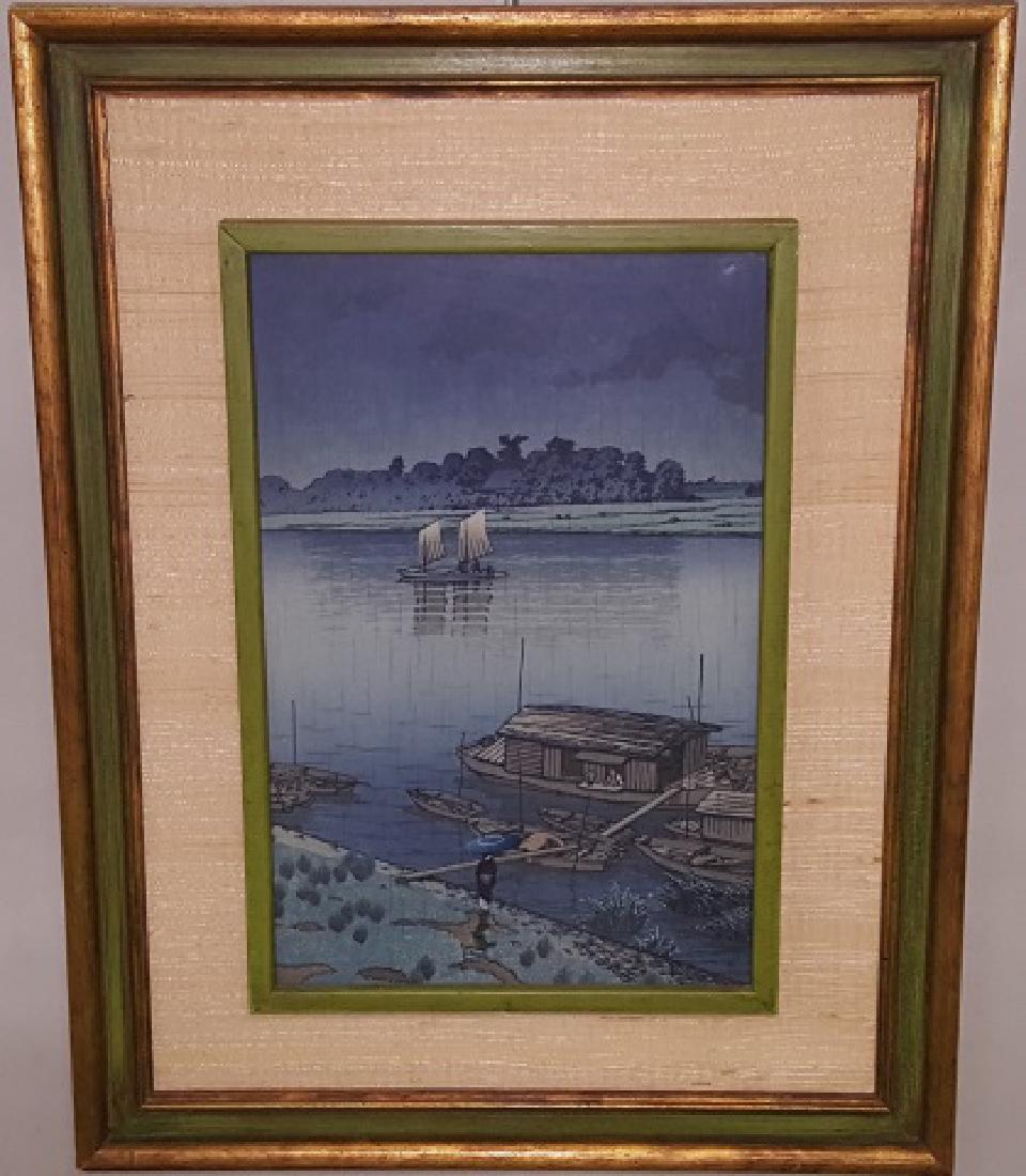 HASUI, KAWASE: (1883-1957 Japanese) Fishing boats along river, framed colored woodblock print, artist chop mark lower corner, publication date unknown, unknown if during artist lifetime, framing material dates from 