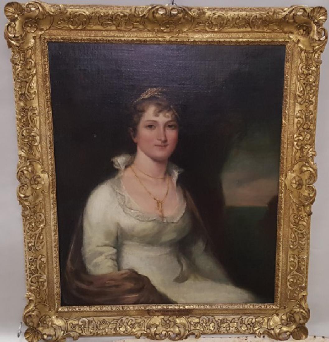 *ATTRIBUTED TO SIR WILLIAM BEECHEY: (1753-1839 English) Portrait of woman, framed oil on canvas mounted to hardboard, unsigned, approximate work size 29" x 24", frame 36 1/2" x 31 1/2".
