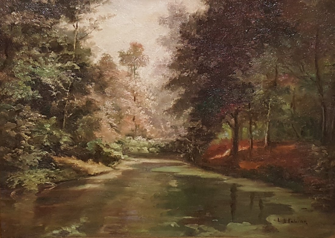 *FABIAN, LYDIA DUNHAM: (1857-1947 American) River landscape, framed oil on canvas board, signed lower right, approximate work size 12" x 16", frame 15 1/2" x 19 1/2".
