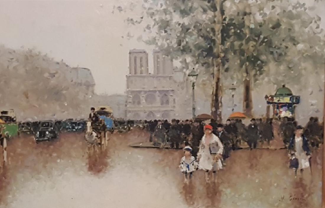 *GISSON, ANDRE: (1921-2003 American) Impressionist French street scene, framed oil on canvas, signed lower right, gallery label for Laporte Galleries on verso and handwritten purchase date of June 30, 1962, approxima