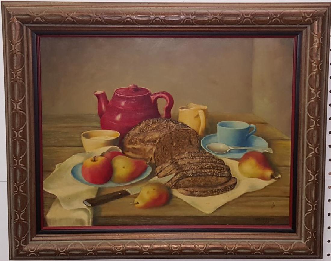 *STRAUSS, MAX: (20th C. American) Still life with bread and fruit on table, framed oil on board, signed and dated 1965 lower right, approximate work size 14" x 18", frame 18 1/2" x 22 1/2".