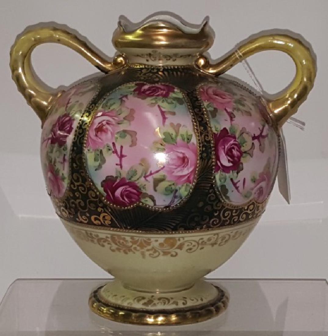 *NIPPON PORCELAIN 2-HANDLED VASE: Having handpainted floral panels with beaded outline, approximate height 7 1/4".