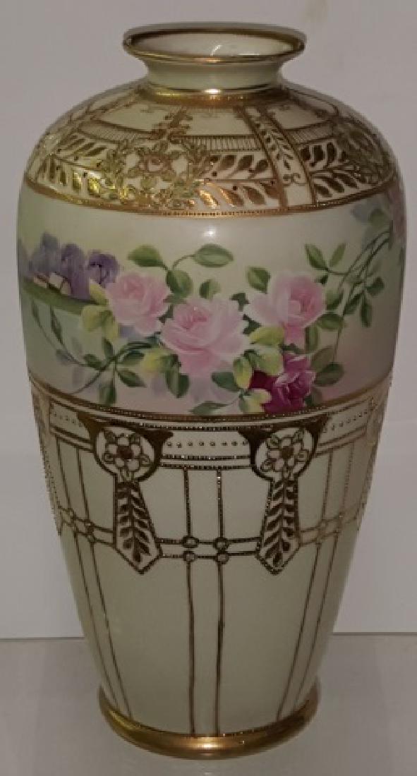 *NIPPON PORCELAIN VASE: Having handpainted floral, landscape, and beaded decoration, approximate height 11 3/8".