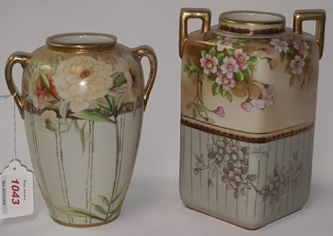 *2 NIPPON PORCELAIN 2-HANDLED VASES: Square vase having handpainted floral decoration, approximate height 8", and circular vase with handpainted floral decoration, height 7".