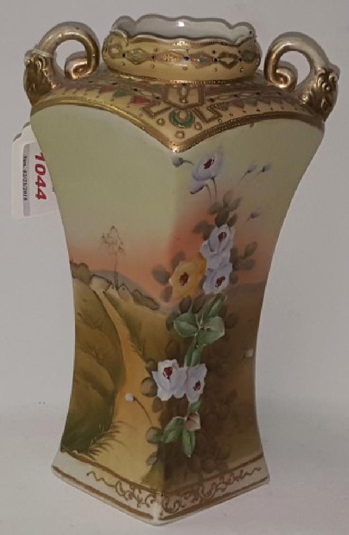 *NIPPON 2-HANDLED VASE: Having handpainted floral, landscape, and beaded decoration, approximate height 9 3/8".