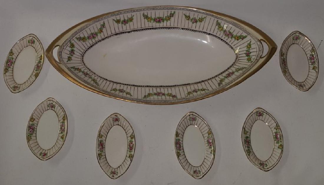 *7-PIECE NIPPON PORCELAIN SET: 2-handled tray, approximate length 13 1/8", and 6 individual trays, length 3 5/8".