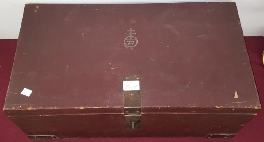 *ROYCROFT CHEST: By Elbert Hubbard, with hinged top, iron handles and lock, having Roycroft mark on top, approximate height 9 1/4", width with handles 25", depth 12 3/4".