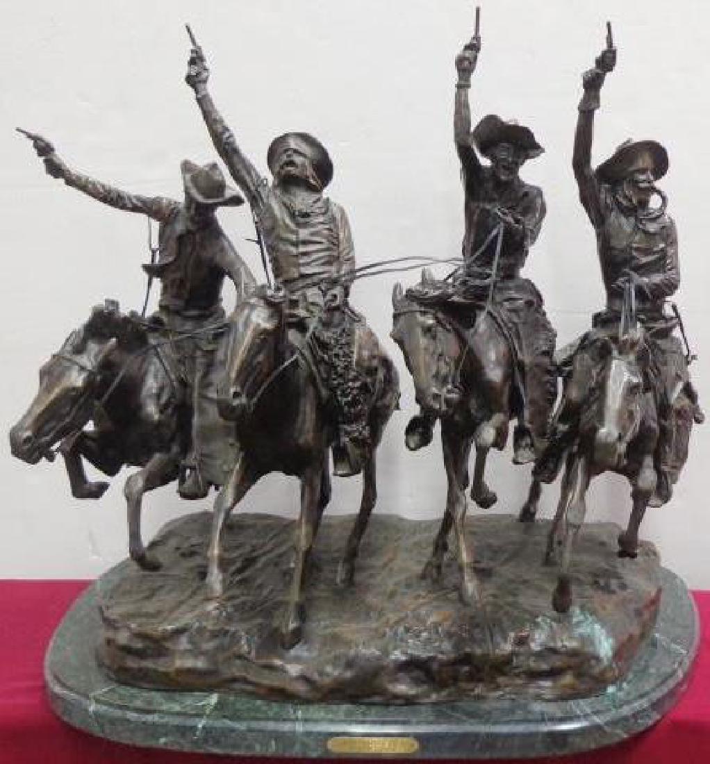 *REMINGTON, FREDERIC: "Coming Through the Rye", bronze sculpture mounted to green marble base, impressed signature lower left of base, approximate height with base 28", length 29 1/2", depth 24".