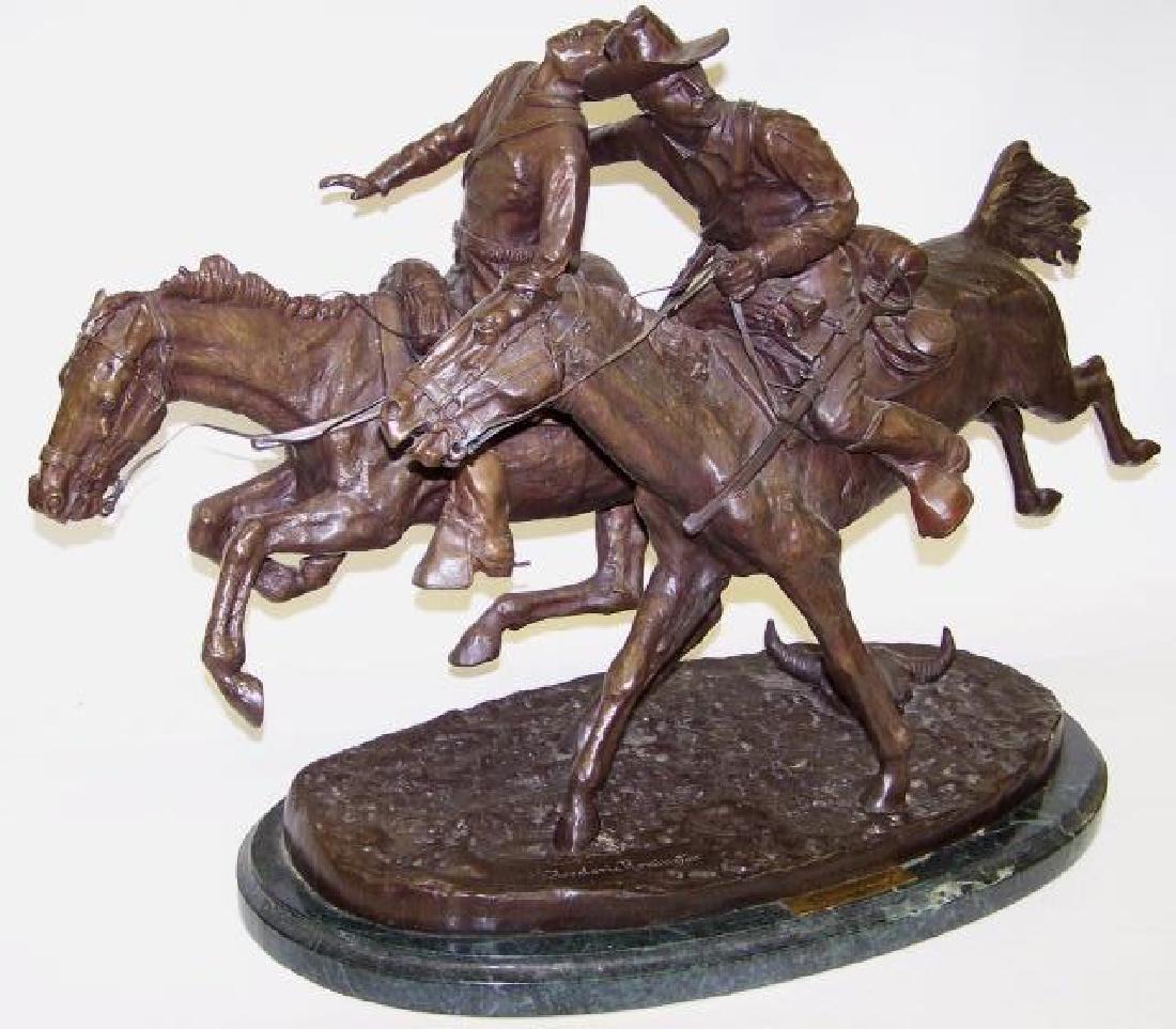 *REMINGTON, FREDERIC: "The Wounded Bunkie", bronze sculpture mounted to green marble base, impressed signature lower left, approximate height with base 20 3/4", length 31 1/2", depth 15".