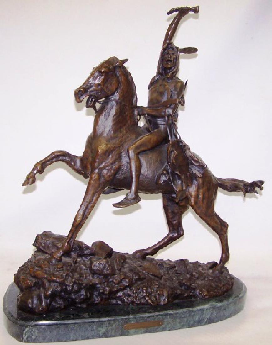 *REMINGTON, FREDERIC: "The Scalper", bronze sculpture mounted to green marble base, impressed signature on base, approximate height with base 23 3/4", length 20 1/4", depth 11".