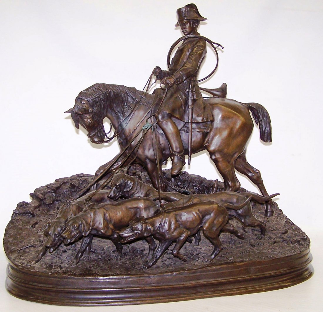*MENE, PIERRE JULES (PJ): "Hunter with Hounds", bronze sculpture mounted to marble base, signed P.J. Mene, approximate size with marble base height 27", width 31", depth 16"