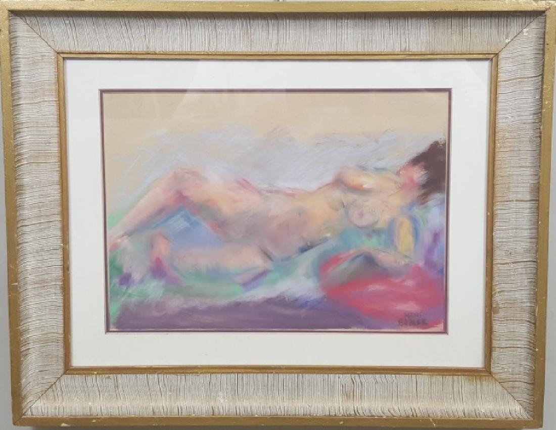 *BOHLER, HANS: (20th C. European) Reclining nude, framed mixed media on tan paper, signed lower right, approximate work size by sight 9" x 12 1/2", frame 15 1/2" x 19 1/2".