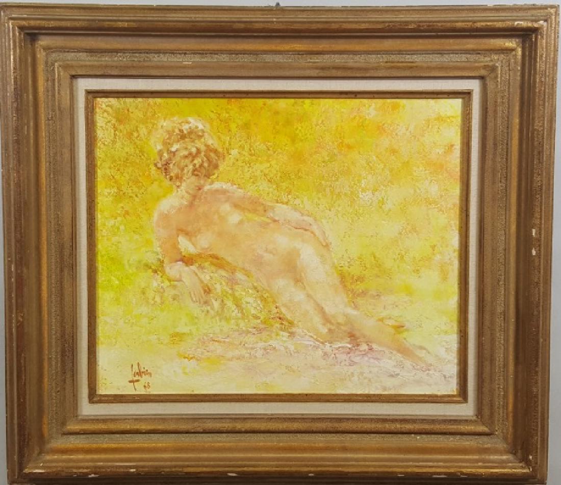 *FABIEN, LOUIS: (Born 1924 French) Reclining nude, framed oil on canvas, signed lower left, Findlay Galleries label on verso, approximate work size 15" x 17 3/4", frame 23" x 25 1/2".