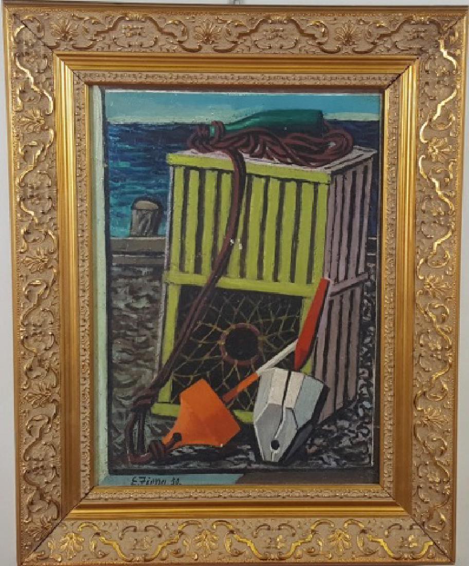 *FIENE, ERNEST: (1894-1966 American) "Lobstering Gear", framed oil on wood panel, signed and dated 1950 lower left, approximate work size 12 1/2" x 9", frame 17 1/4" x 13 1/2".