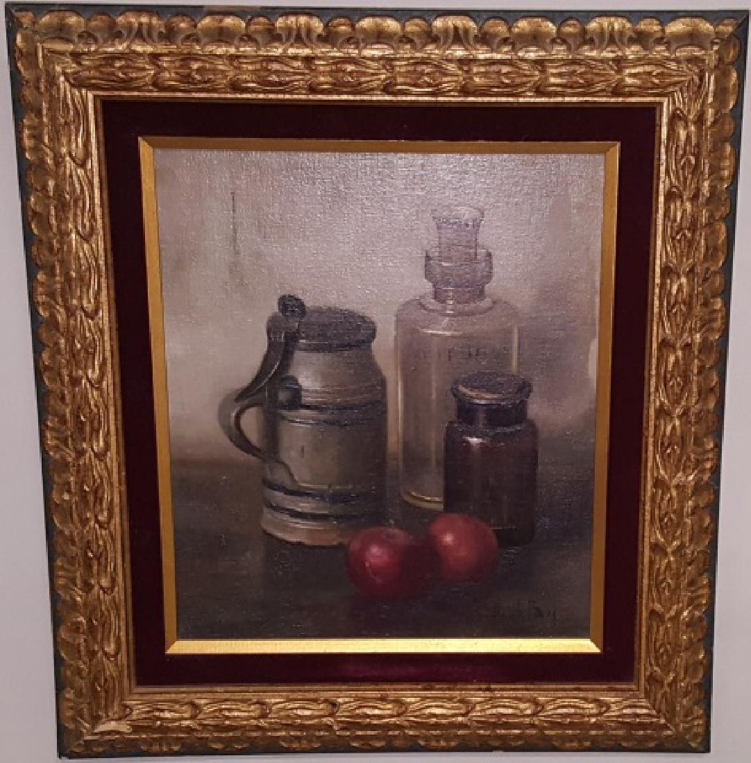BOS, HENK: (1901-1979 Dutch) Still life with objects on table, framed oil on canvas mounted to wood panel, signed lower right, approximate work size 13" x 11 1/2", frame 20" x 18 1/2".