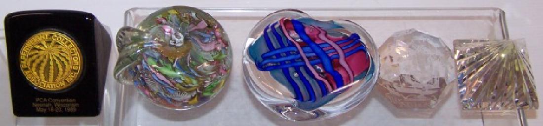 *5 ART GLASS PAPERWEIGHTS: 1 pyramid shaped, 1 wedge shaped "Paperweight Collector's Association Inc., PCA Convention Neenah, Wisconsin, May 18-20, 1989", 1 apple form made in Italy, 1 with sailboat interior and etched "Halifax