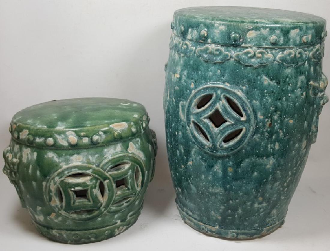 *2 CHINESE GARDEN SEATS: Green and green/blue, approximate height 14 3/4" and 8 1/2".