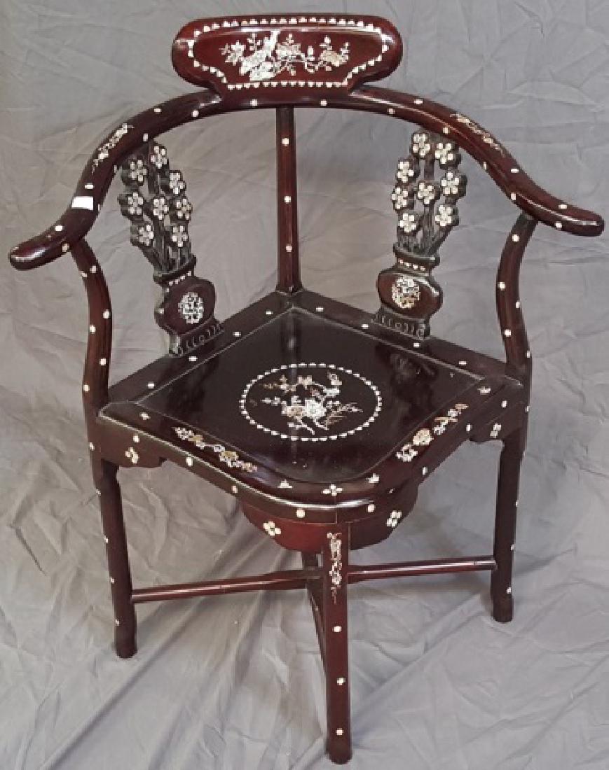 *CHINESE CORNER CHAIR: Having inlaid mother-of-pearl decoration depicting exotic birds and flora, approximate height 33 1/2", width 27 1/2", depth 22".