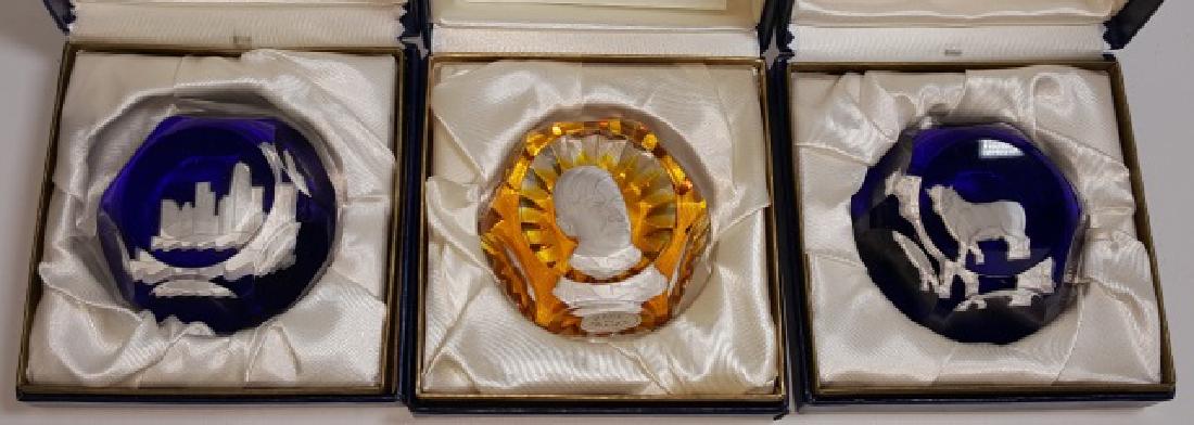 *3 BACCARAT ART GLASS PAPERWEIGHTS: With sulfide interior, Will Rogers, Chicago skyline, and Taurus the bull, with original boxes.