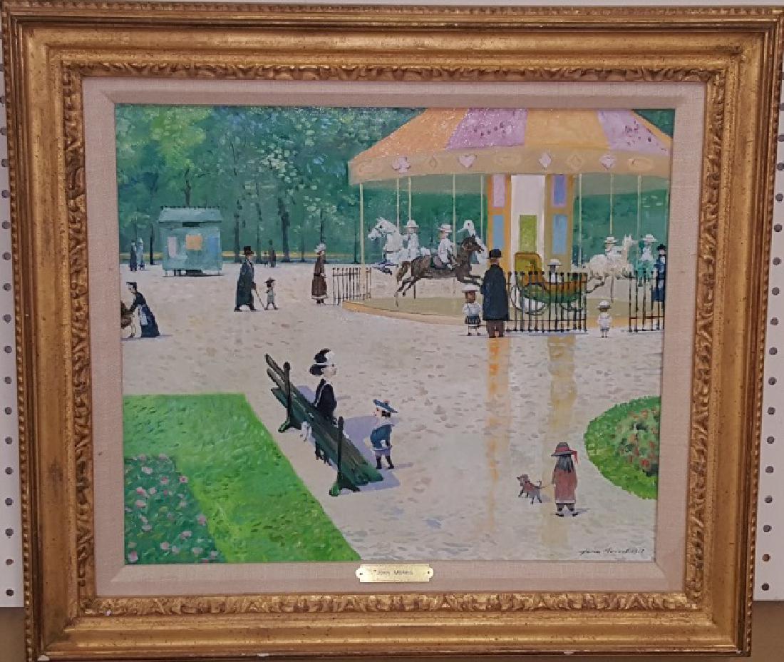 *MORRIS, JOHN: (Born 1920 European) Figures in park, framed oil on canvas, signed lower right, originally from Findlay Galleries and bears inventory # on verso, approximate work size 15" x 17 1/2", frame 21" x 23 1/
