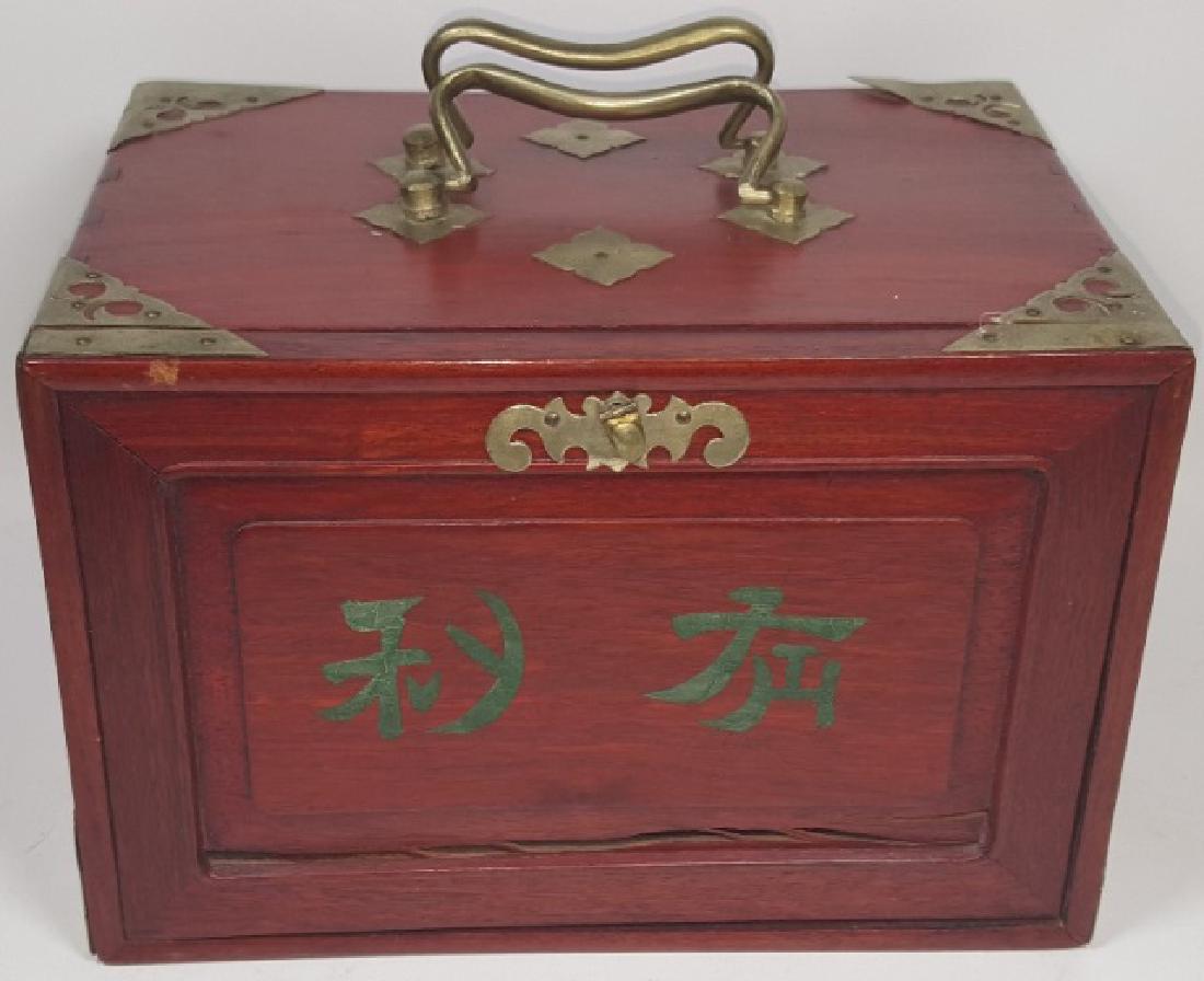 *EARLY 20TH C. MAHJONG SET: In teakwood and brass cabinet with 5 drawers, having bone handpainted tiles.