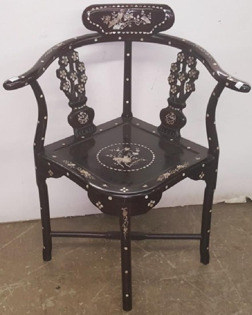 *CHINESE CORNER CHAIR: Having inlaid mother-of-pearl decoration depicting exotic birds and flora, approximate height 33 1/2", width 27 1/2", depth 22".