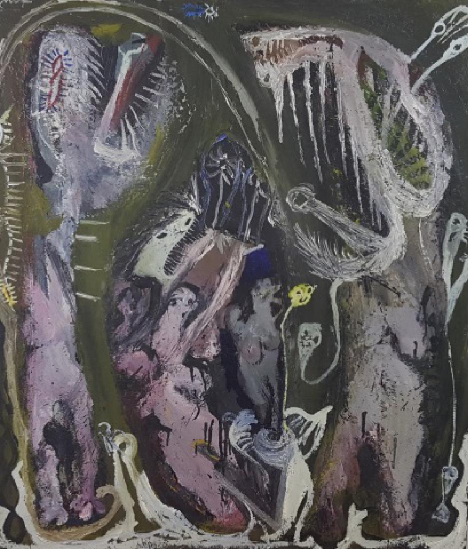 *BENCA, ADOLF: (Born 1959 American) "Inert Simplicity, 1982", unframed oil on canvas, with label from Twining Gallery of New York on verso, signed upper left, approximate work size 30" x 26".