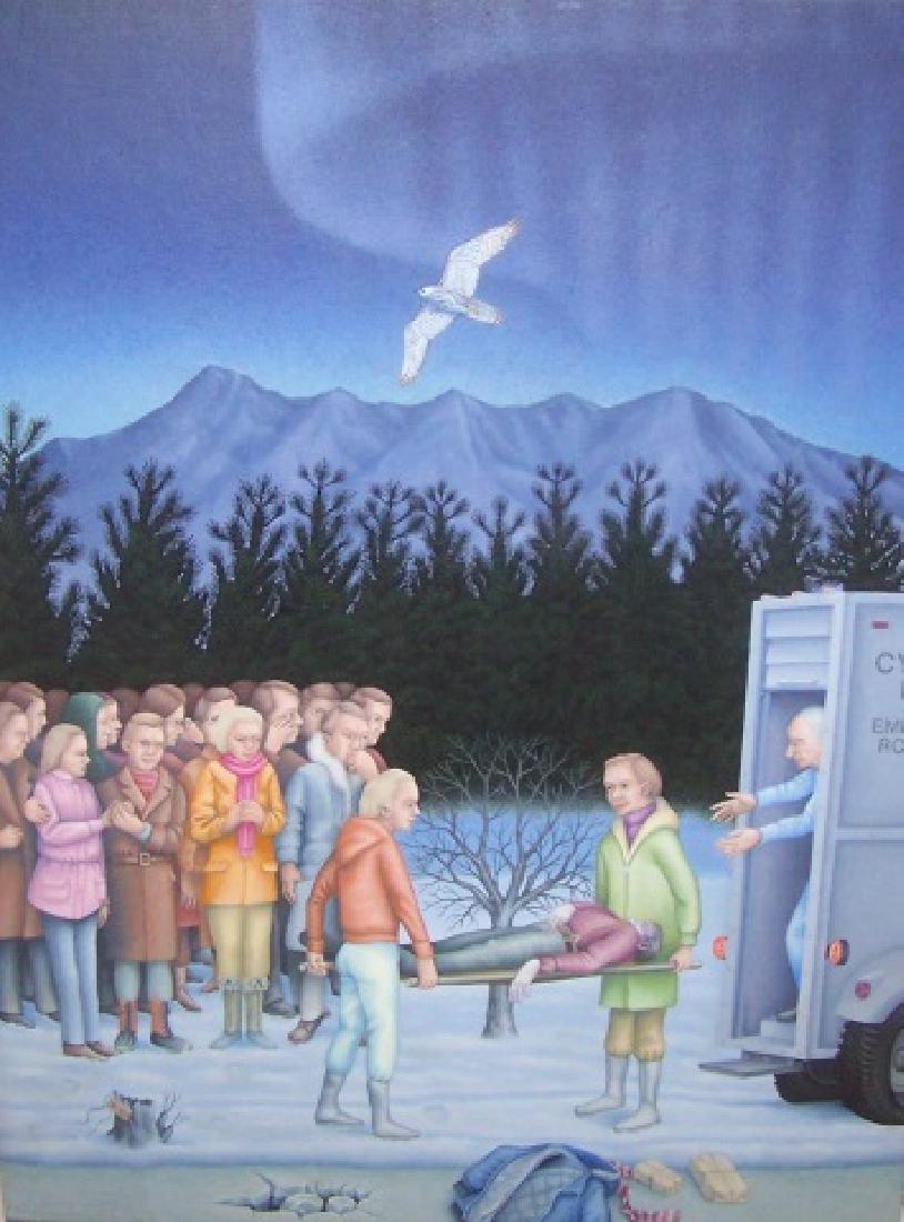 *FLEW, JONATHAN: (Late 20th C. American) Emergency, unframed oil on masonite panel, signed and dated 1986 lower left, approximate work size 24" x 18".