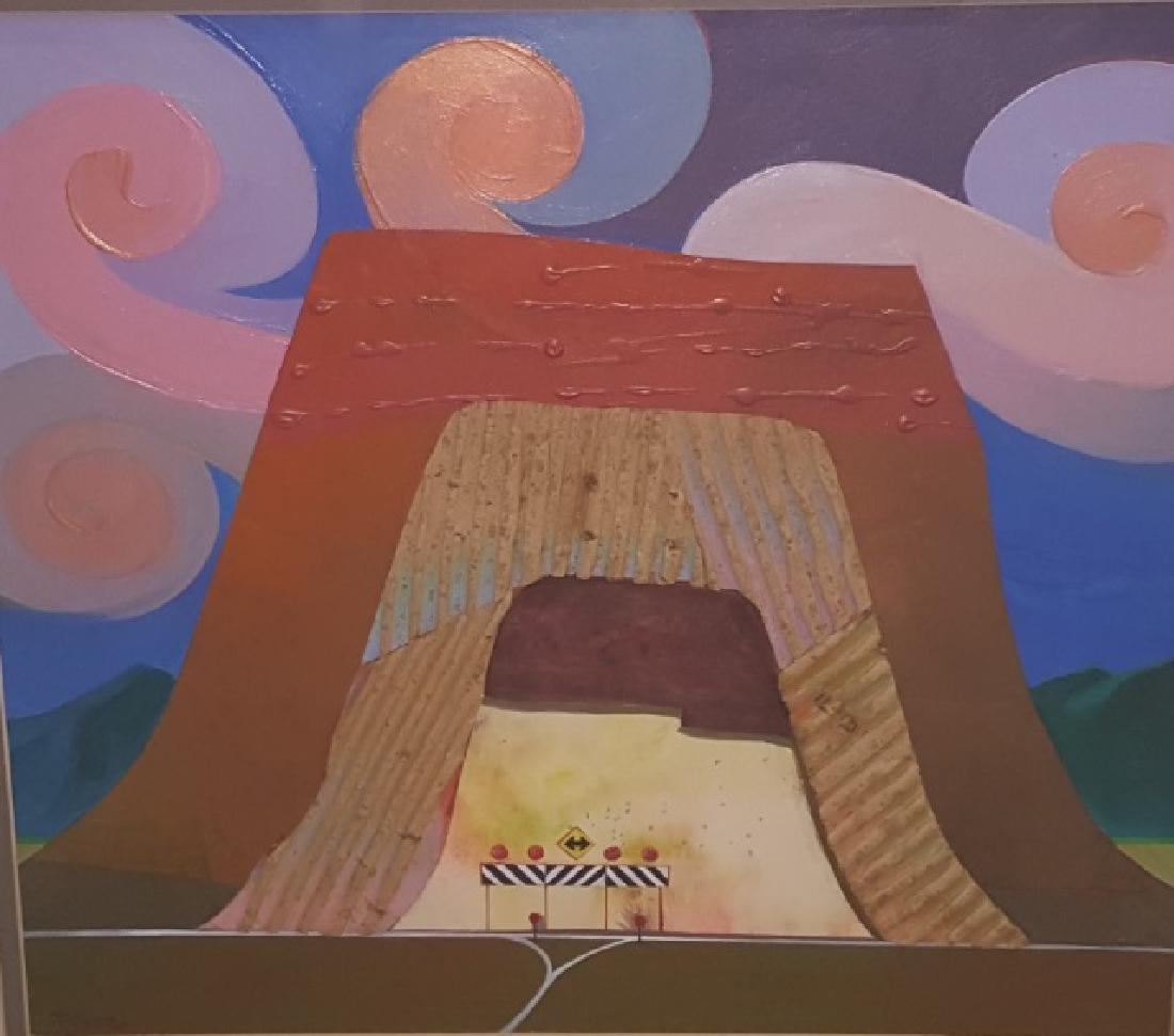 *ALTSCHULER, FRANZ: (1923-2009 American) Southwest landscape, framed mixed media on cardboard with cut out cardboard sections, gouache and acrylic paints, and marker, signed lower left, approximate work size 13" x 14 1/2