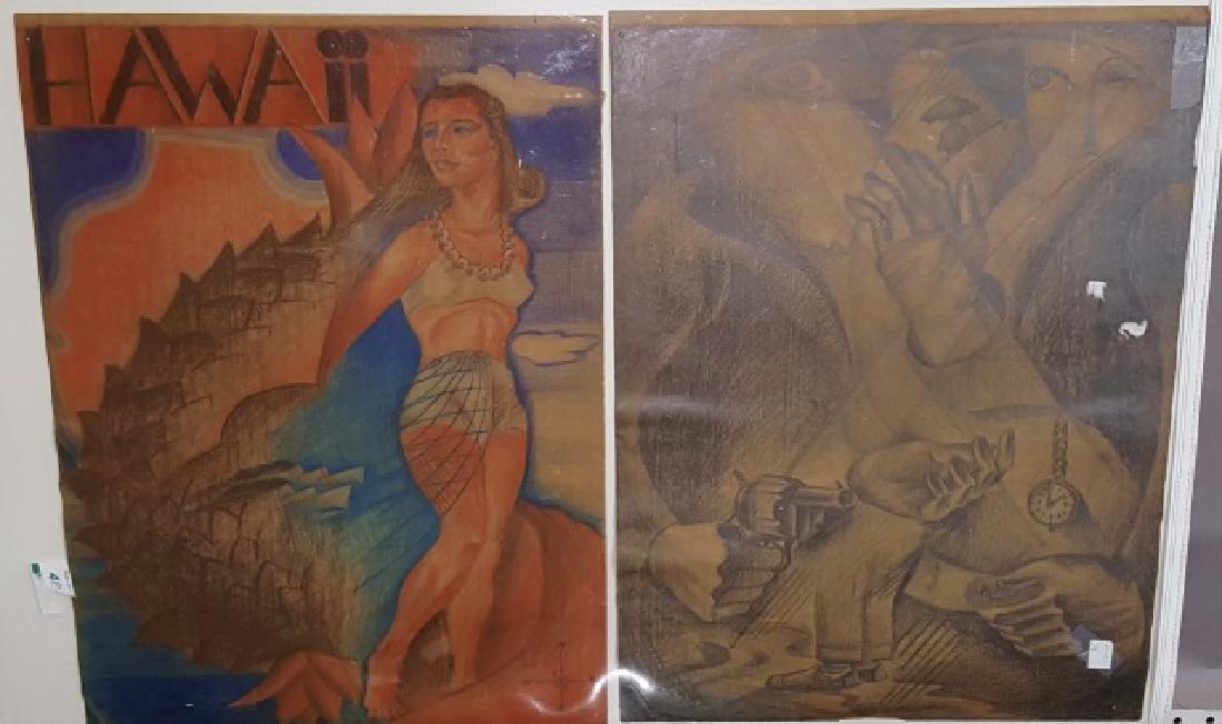 *ALTSCHULER, FRANZ: (1923-2009 American) 2 unframed drawings, copy of poster and figural abstract, both initialed and dated 1940, approximate work size of each 20" x 15". Provenance: From the Estate of Franz Altschuler.