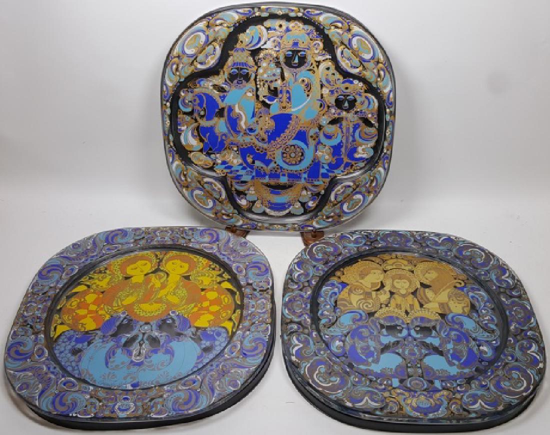 *3 ROSENTHAL STUDIO-LINIE GLASS PLATES: By Bjorn Wiinblad, with plastic liners, approximate width 11 3/8".