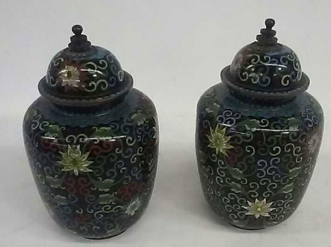PAIR OF CLOISONNE COVERED URNS (1 of 2)