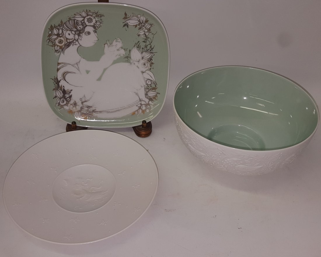 *3 PIECES OF ROSENTHAL: Designed by Bjorn Wiinblad, 2 bowls, approximate diameter 7 3/4", and tray decorated with seated beauty, width 7 1/2".