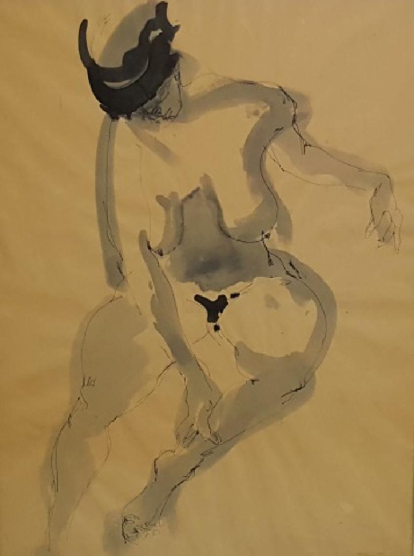 *ALTSCHULER, FRANZ: (1923-2009 American) Nude, unframed and matted ink and wash on tan paper, signed and dated 1964 lower right, approximate work size 23 1/4" x 17", mat 30" x 23". Provenance: From the Estate of Franz Al