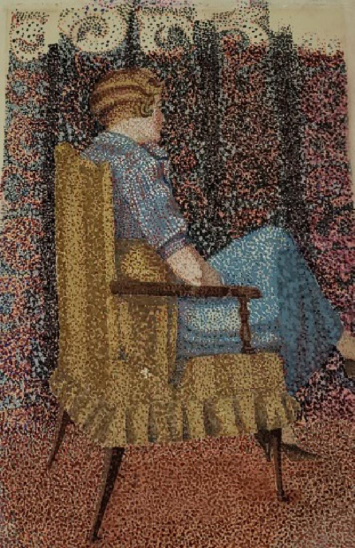 *IN THE STYLE OF YVONNE CANU: Interior portrait of seated woman, unframed gouache, unsigned, approximate work size 22" x 15 1/2", mat 26 1/4" x 19".