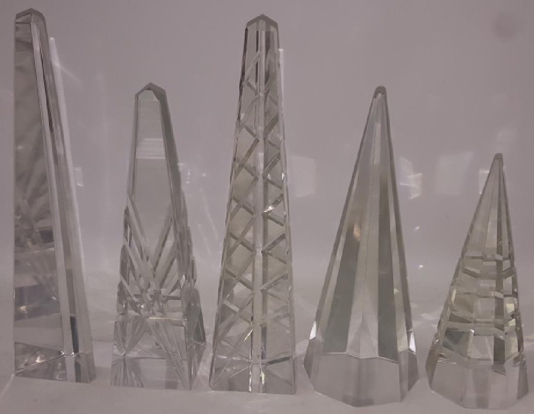 *5 GLASS OBELISKS: Approximate height 8"-11 1/2".