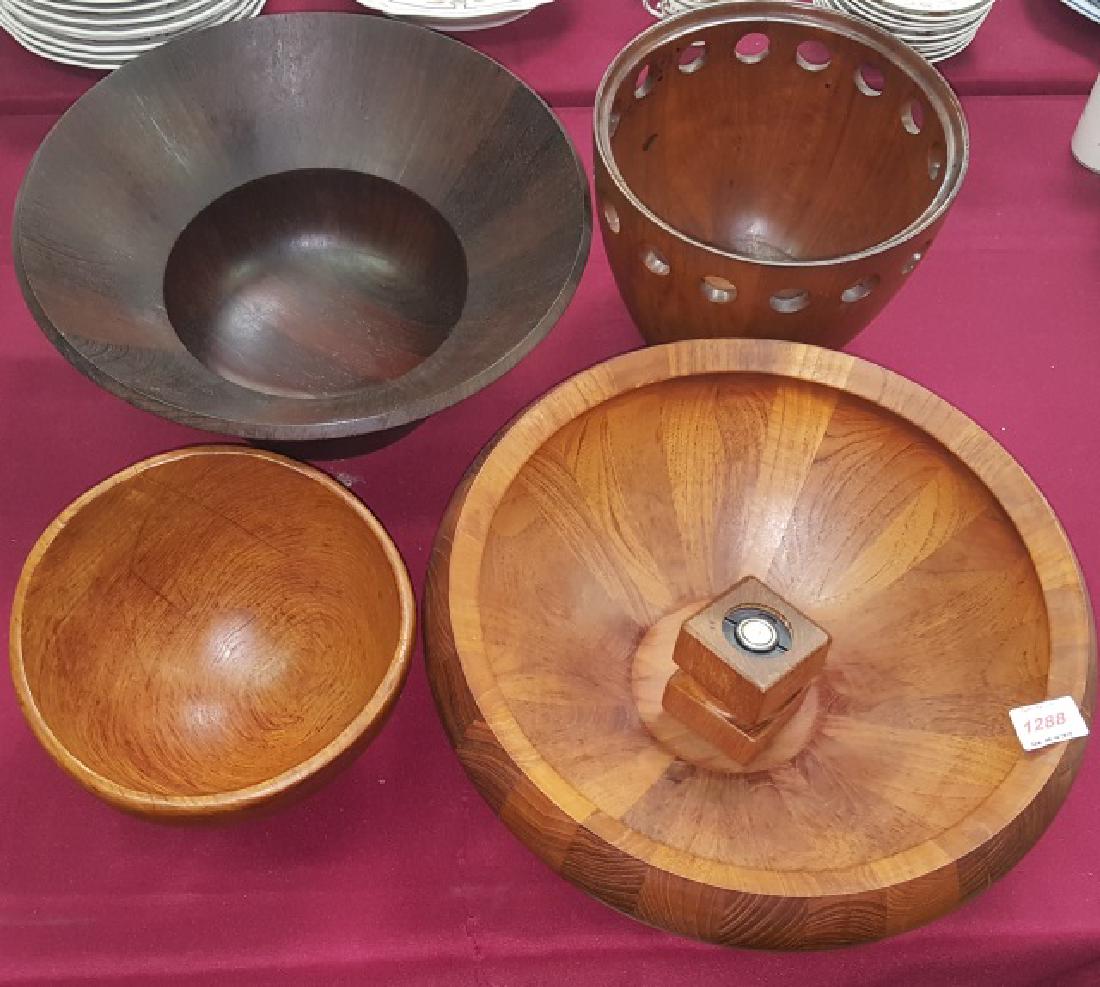 *5 PIECES: 4 teak bowls, 1 marked "Dansk Designs, Denmark", and pair of shakers as 1 piece, approximate diameter 9 1/2"-16 1/2".