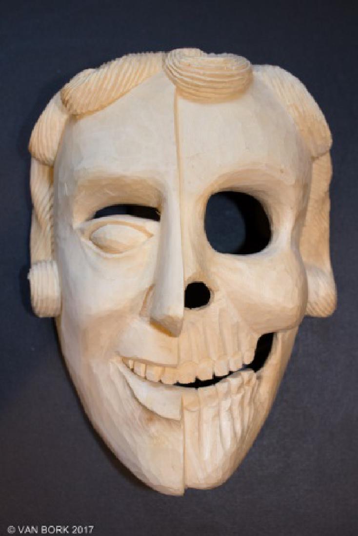 *TOCUARO LIFE AND DEATH MASK: Unpainted mask carved by Juan Orta (aka Juan Horta) Castillo (1940-2006), rare piece, signed and dated by artist interior right "Marzo 1998, Tocuaro Mich, Madera Copalillo, Artesano Juan Orta Castillo