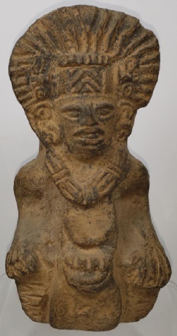 *PRE-COLUMBIAN POTTERY FIGURE: Man kneeling with hands on knees, approximate height 7 1/2".