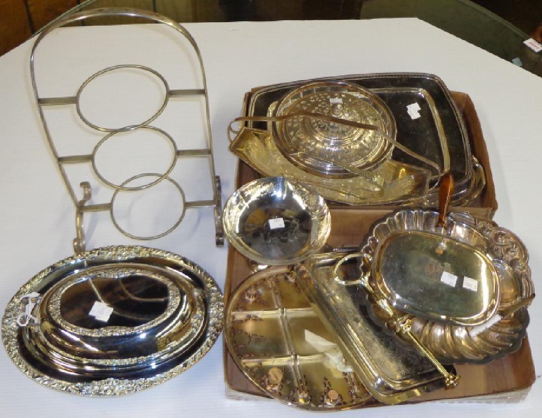 *3 GROUPS OF SILVERPLATE: Covered entree, silent butler, coasters, trays, etc.