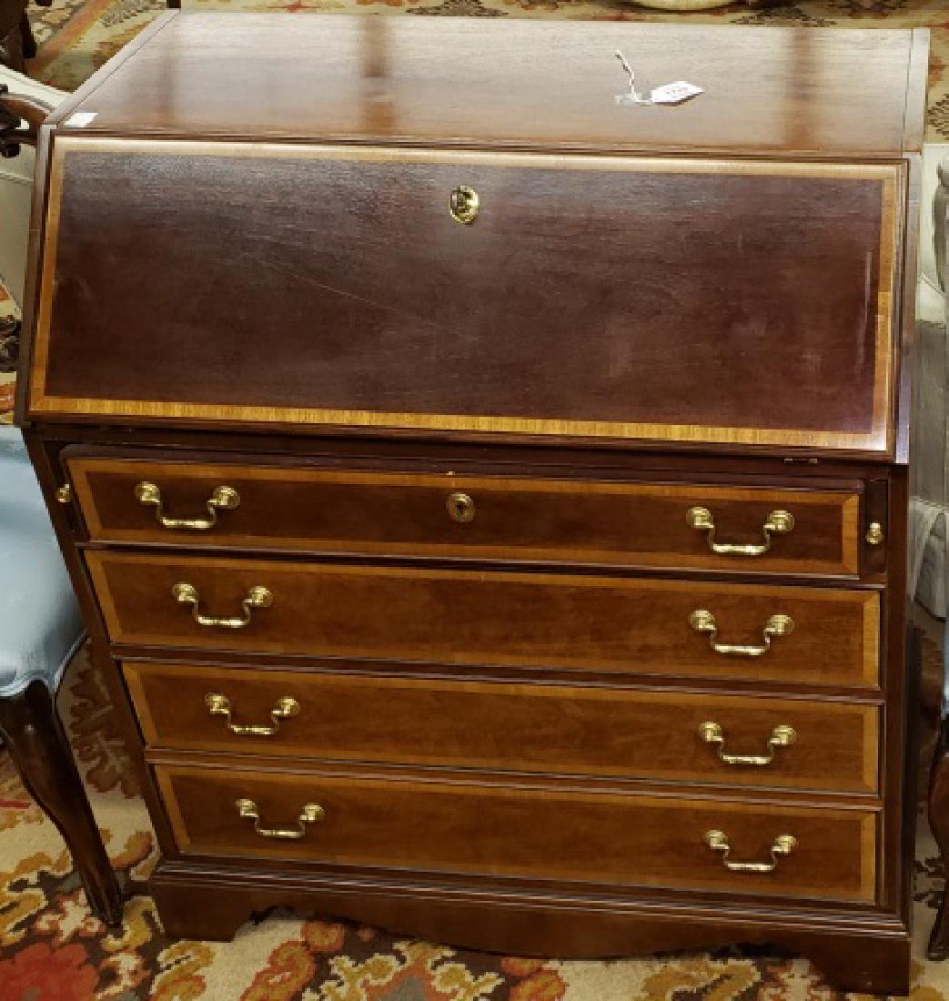 *MAHOGANY SECRETAIRE BUREAU: By Thomasville, fitted with hinged writing surface, opening to fitted interior with 4 graduated drawers below.