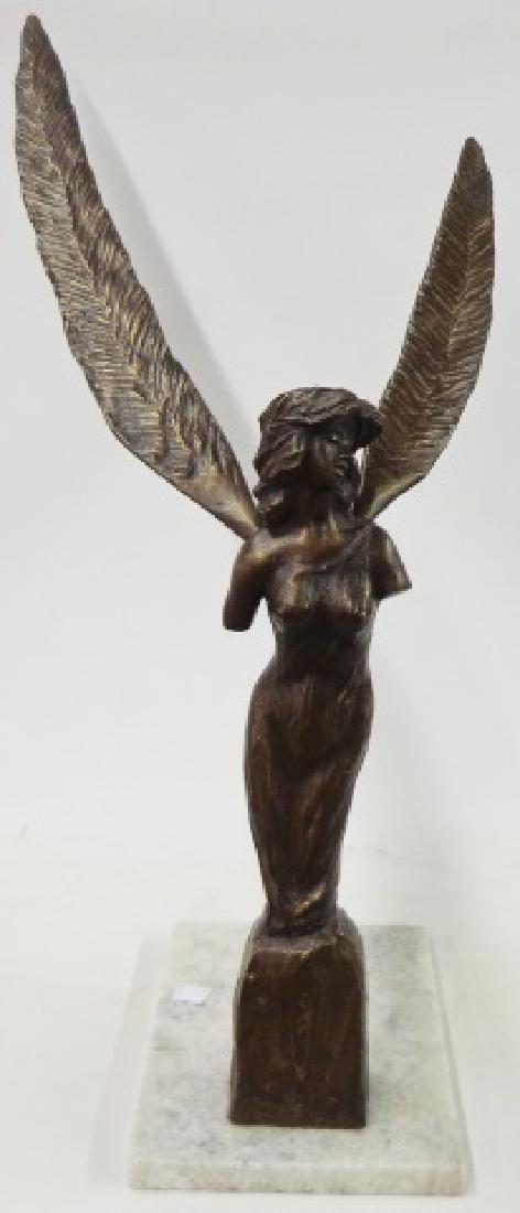 *SALMONES, VICTOR: (1937-1989 Mexican) Woman with wings, bronze sculpture, signed on back "G-8, V. Salmones, 10/10", with attached marble base, approximate height with tallest wing 29", depth 25".
