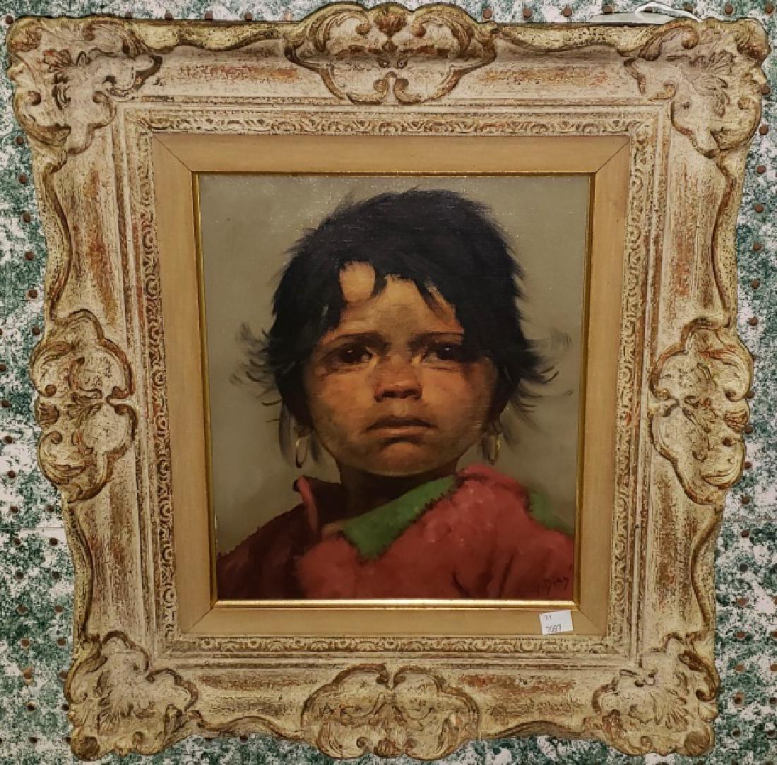 *DIAS, X.: (Mid 20th C. Central American) Portrait of child, framed oil on canvas, signed lower right, approximate work size 12" x 10", frame 19" x 17".