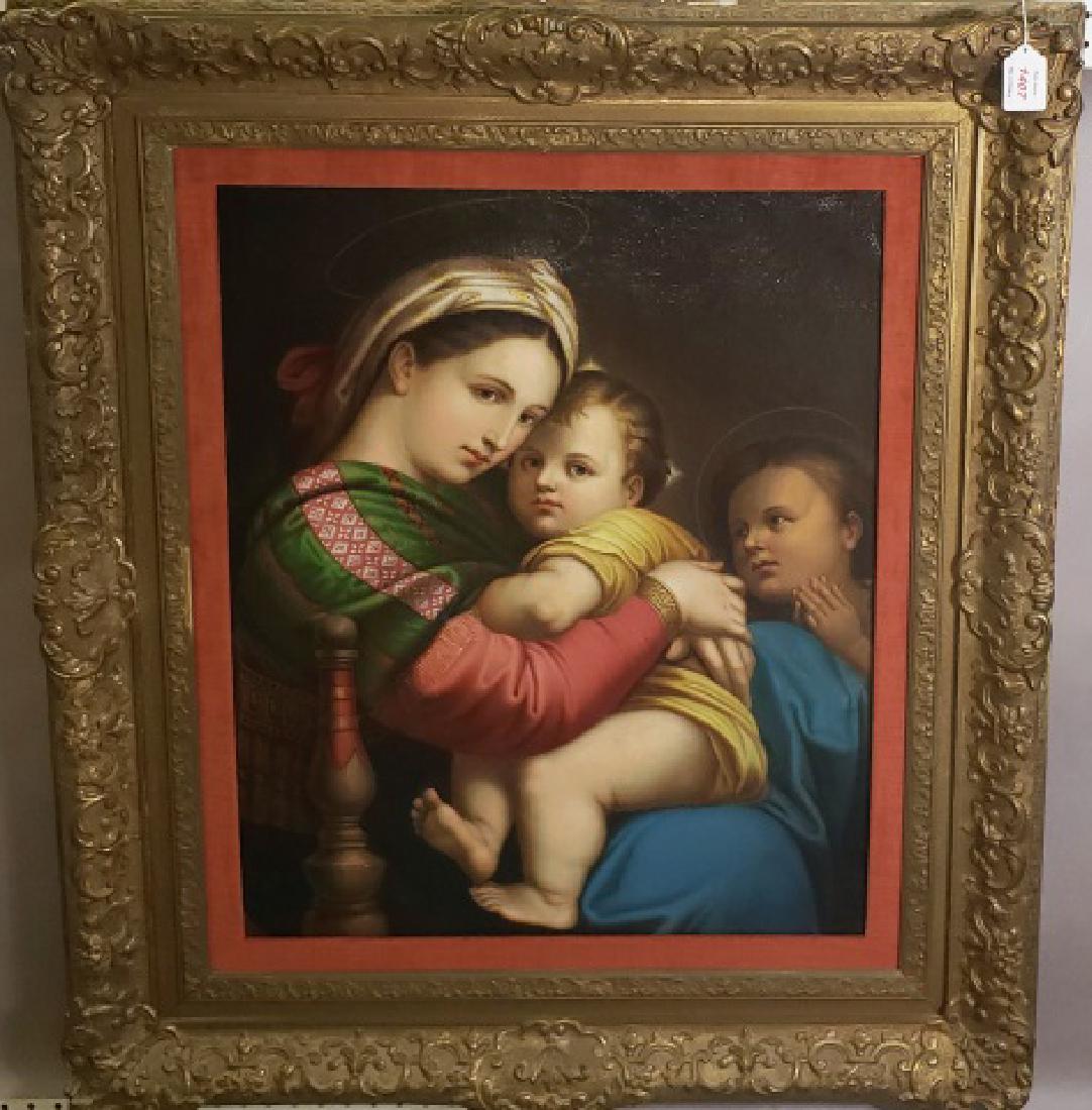 *AFTER RAPHAEL: (Early 20th C. Italian School) Portrait of Mary, Jesus, and young John the Baptist, unsigned, approximate work size 31" x 26", frame 41" x 36".