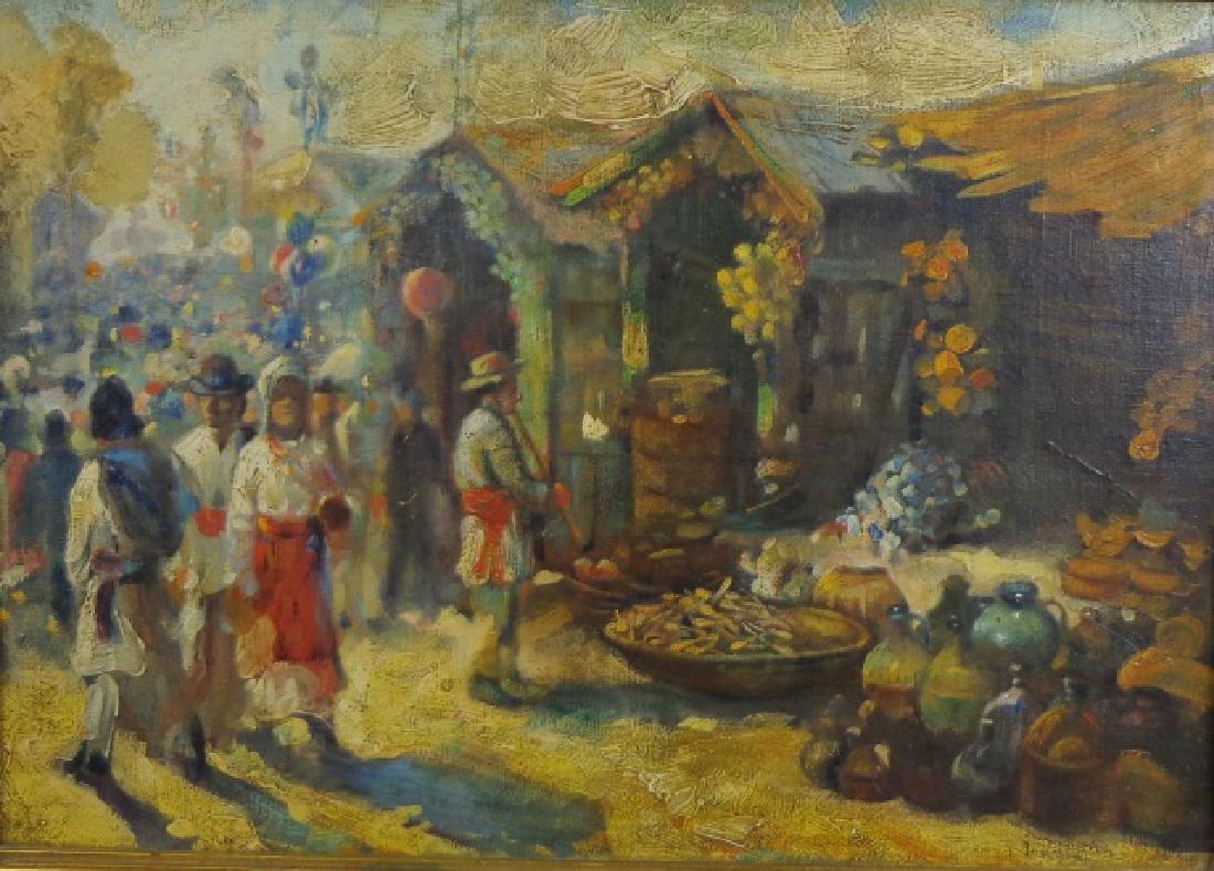 *UNKNOWN ARTIST: (Early 20th C. American School) Central American market scene, framed oil on canvas mounted to cardboard, signed indistinctly lower right corner, approximate work size 14" x 20", frame 18" x 23 3/4".