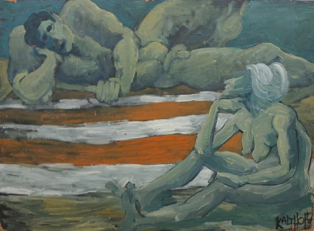*KALTHOFF: (Mid 20th C. American) 2 reclining nudes, unframed oil on masonite panel signed lower right, app 20" x 28".